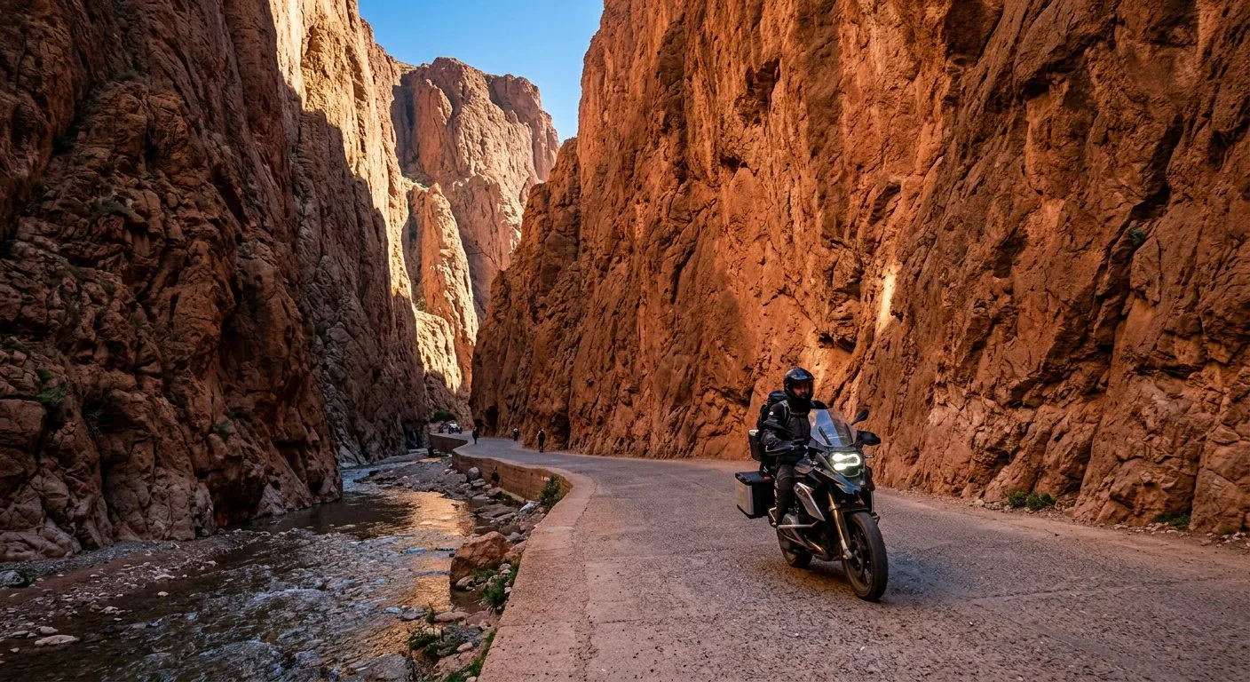 Adventure motorcycle riding through the narrow Todra Gorge